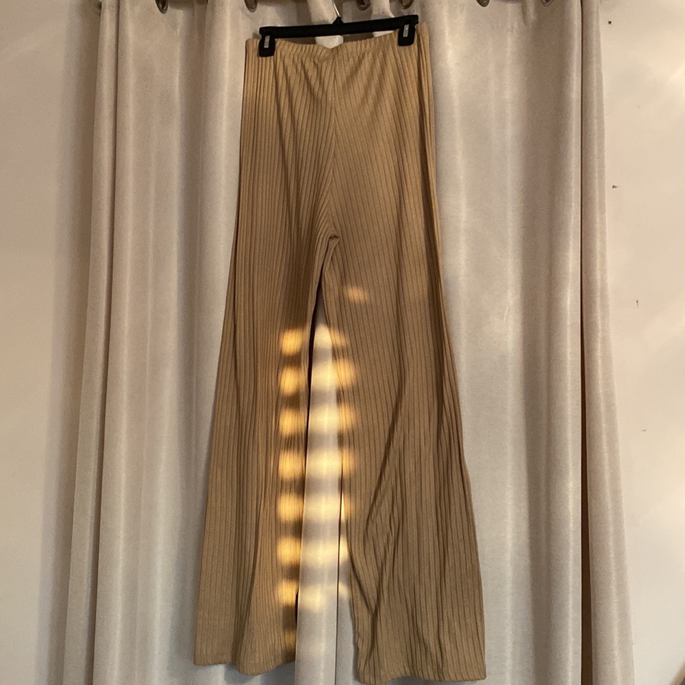 Beige Ribbed Flare Leg Pants - Picture 2 of 3